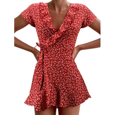 HITRAS Women Dresses Summer V Neck Wrap Bikini Swimsuit Cover Vintage Floral Short Sleeve Flowy Boho Beach Long Dress 